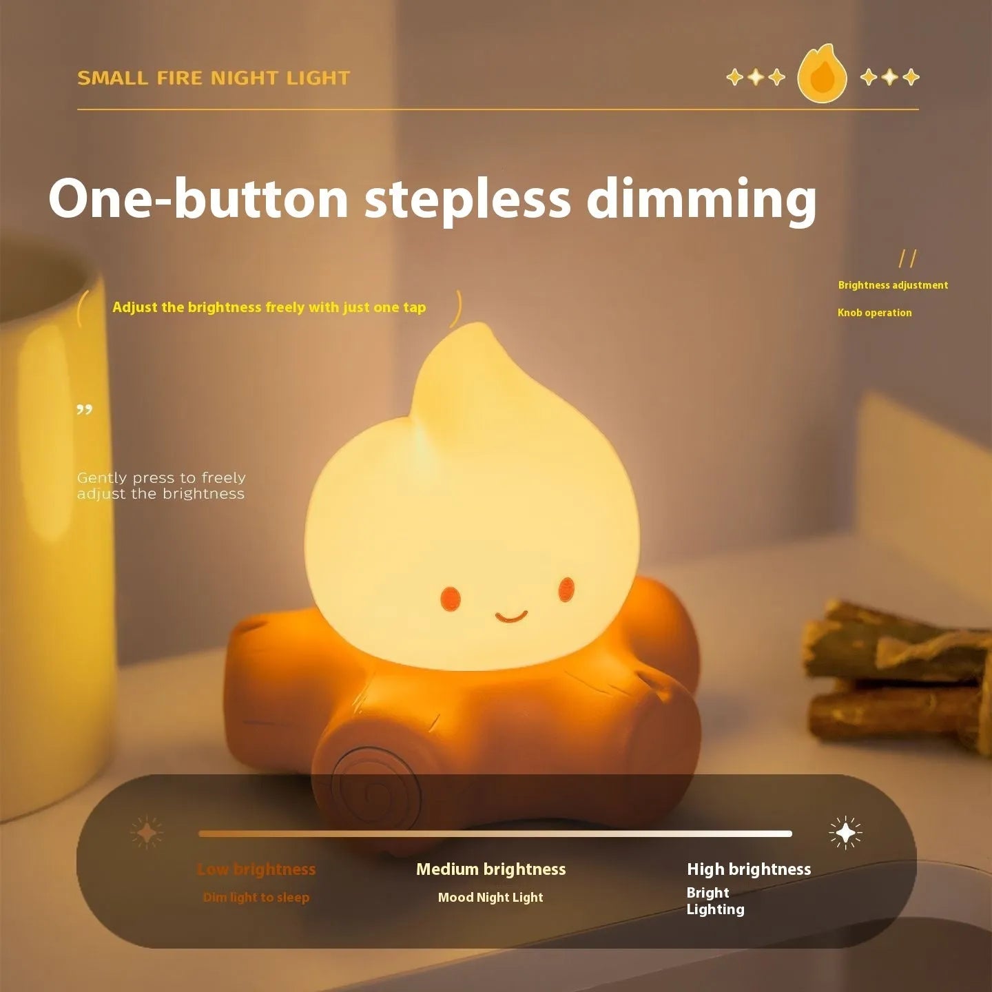 Small Fire Pile cartoon-style night lamp with yellow light on a surface.