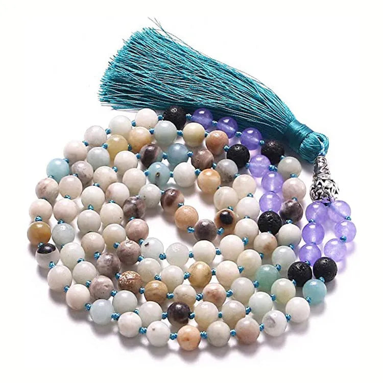 Geometric agate tassel necklace with colourful stone beads on adjustable 95-100cm chain