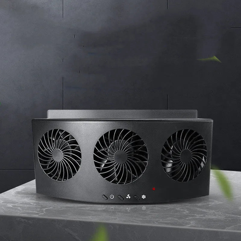 Black and white USB-powered car ventilation fan for exhaust of interior heat and odours with 1.5m cable