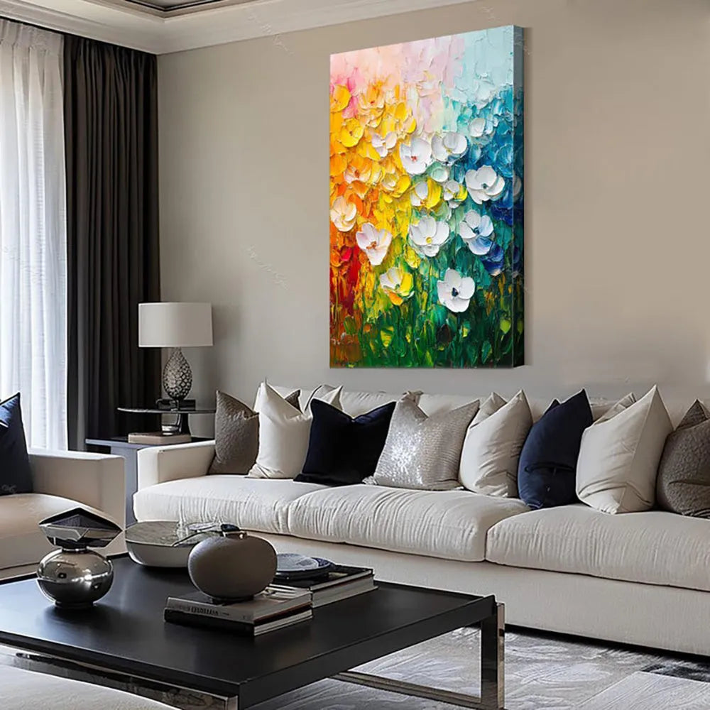 Handmade oil painting on canvas with thick oil texture, vertical modern abstract flower design, rolled and unframed.