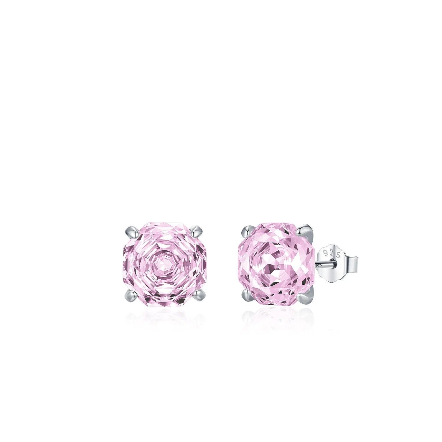 Close-up of S925 sterling silver rose stud earrings for women on a pink background.