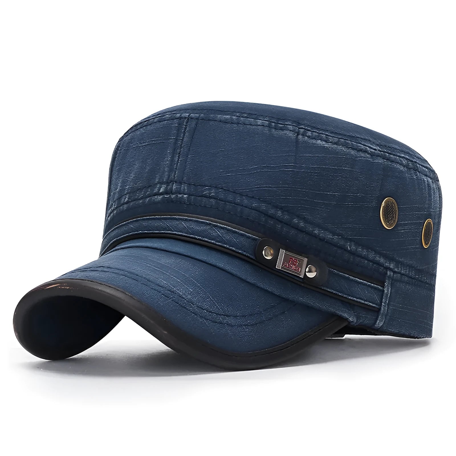 Distressed flat-top leather-trimmed cotton hat in army green on neutral background