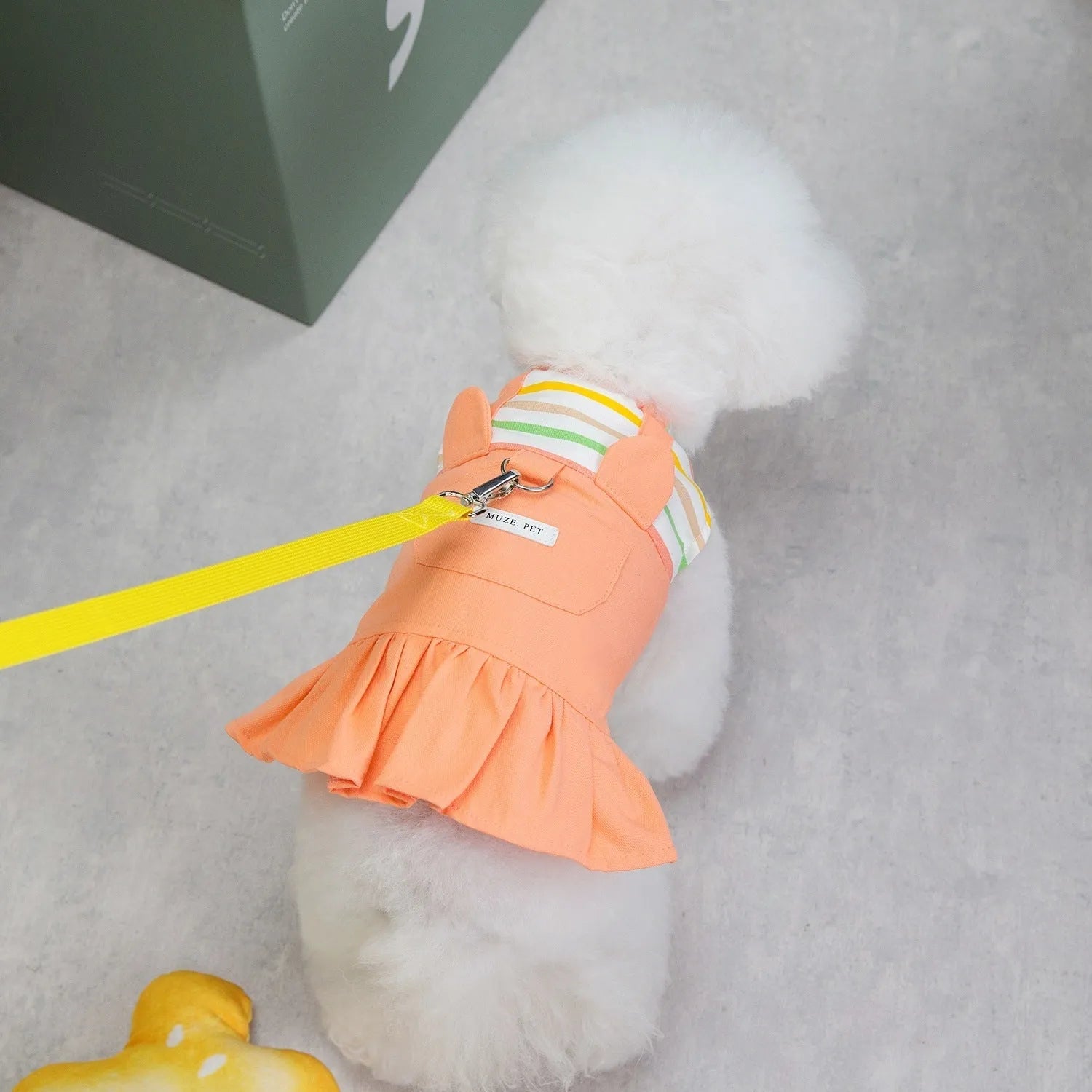 Striped patchwork cotton dog skirt in orange or yellow colour with elastic waistband