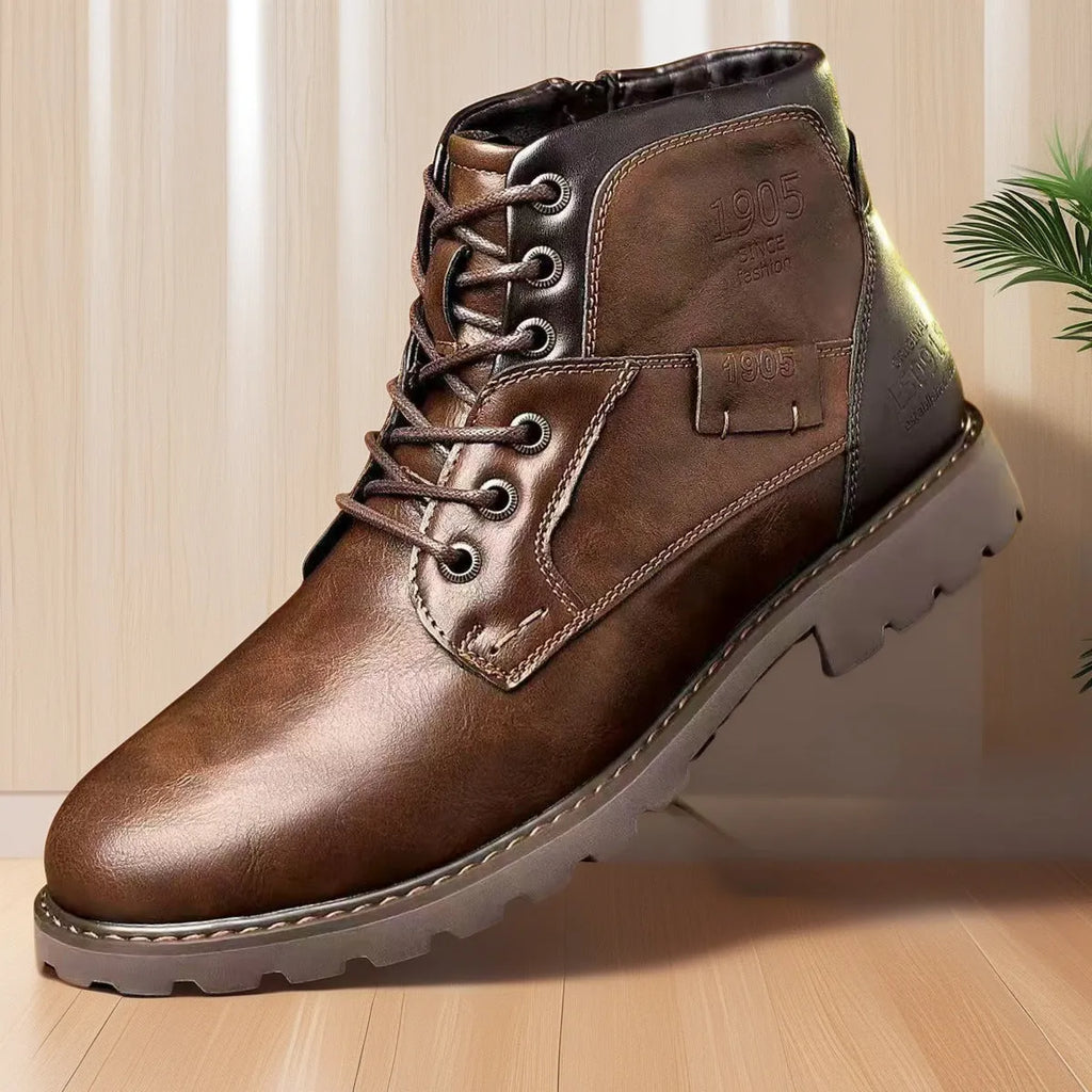 Men's brown leather-look PU ankle boot with side zipper and rubber sole