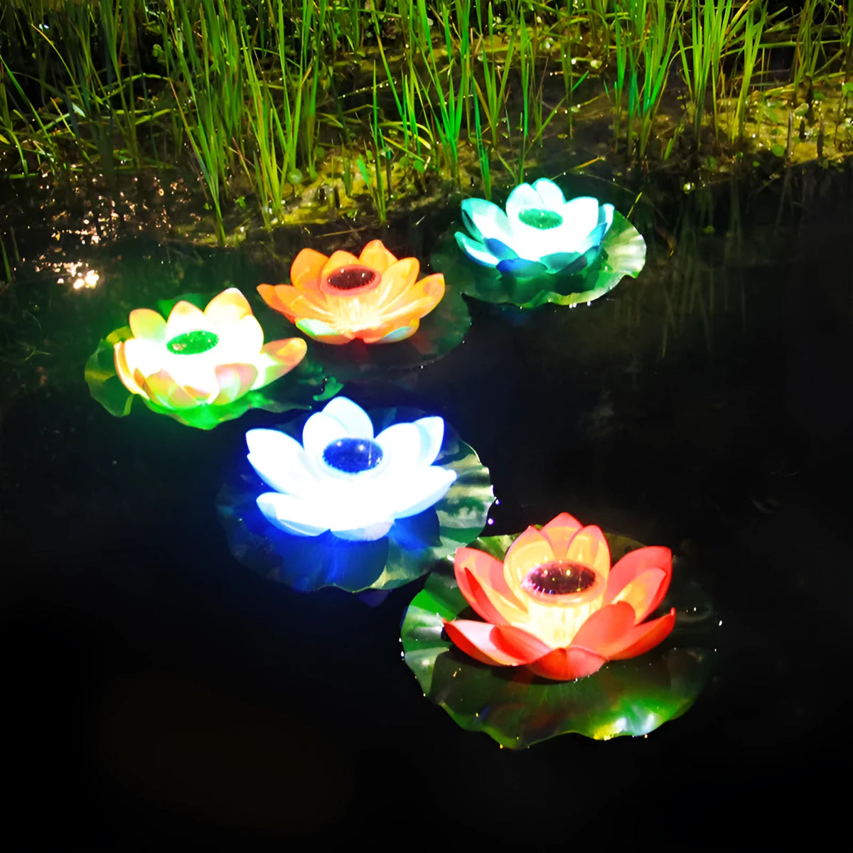 Outdoor waterproof solar lotus lamp floating on pond water with colourful LED light