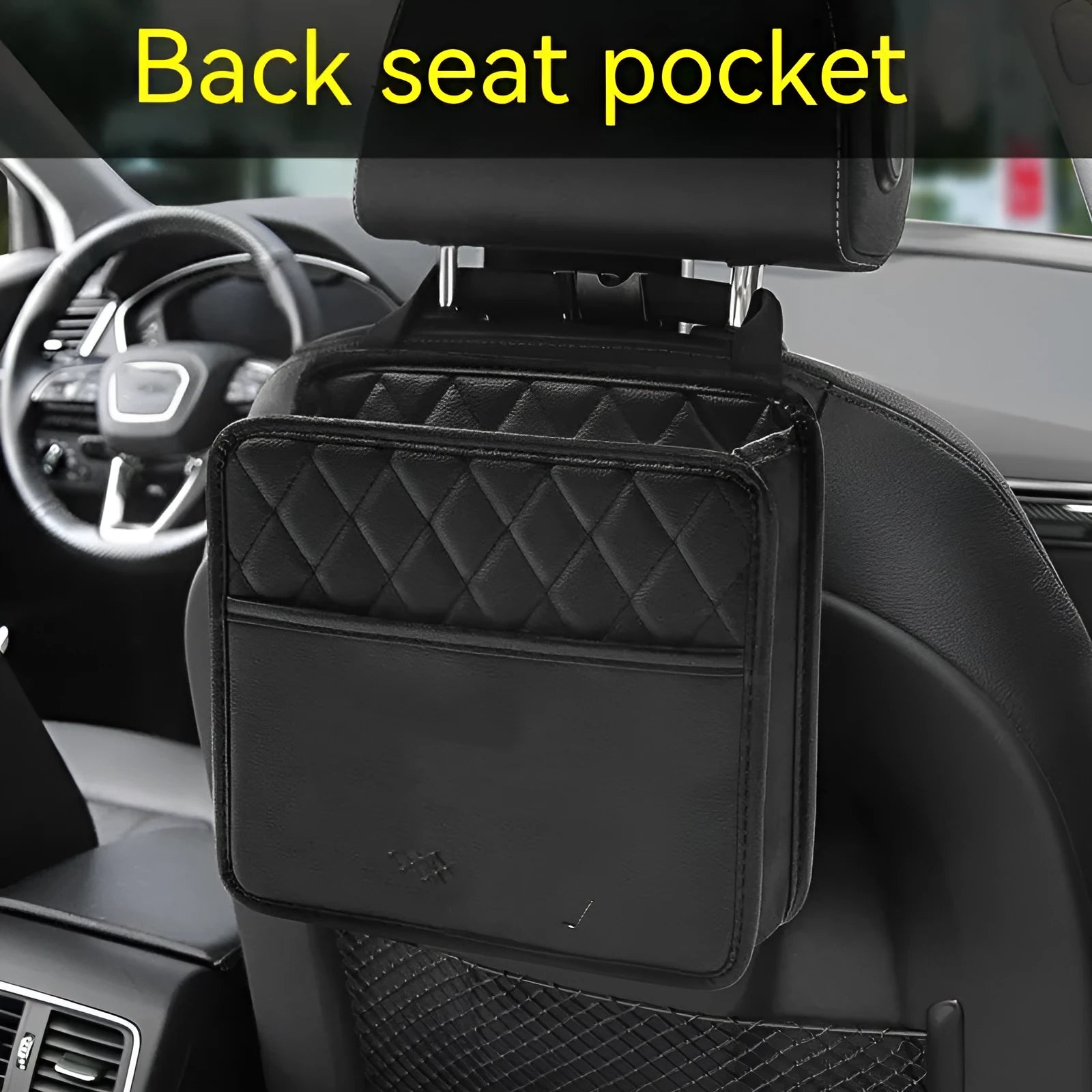 Leather hanging car storage bag in black, shown attached to a car seat headrest