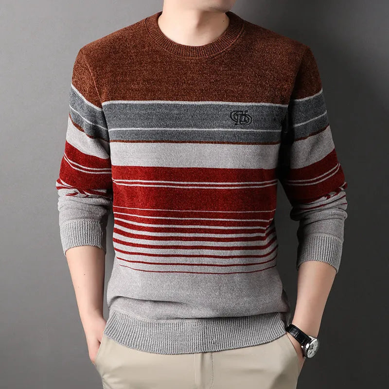 Fleece-lined thickened striped pullover in navy blue, loose fit, sizes L to 4XL for middle-aged leisure wear.