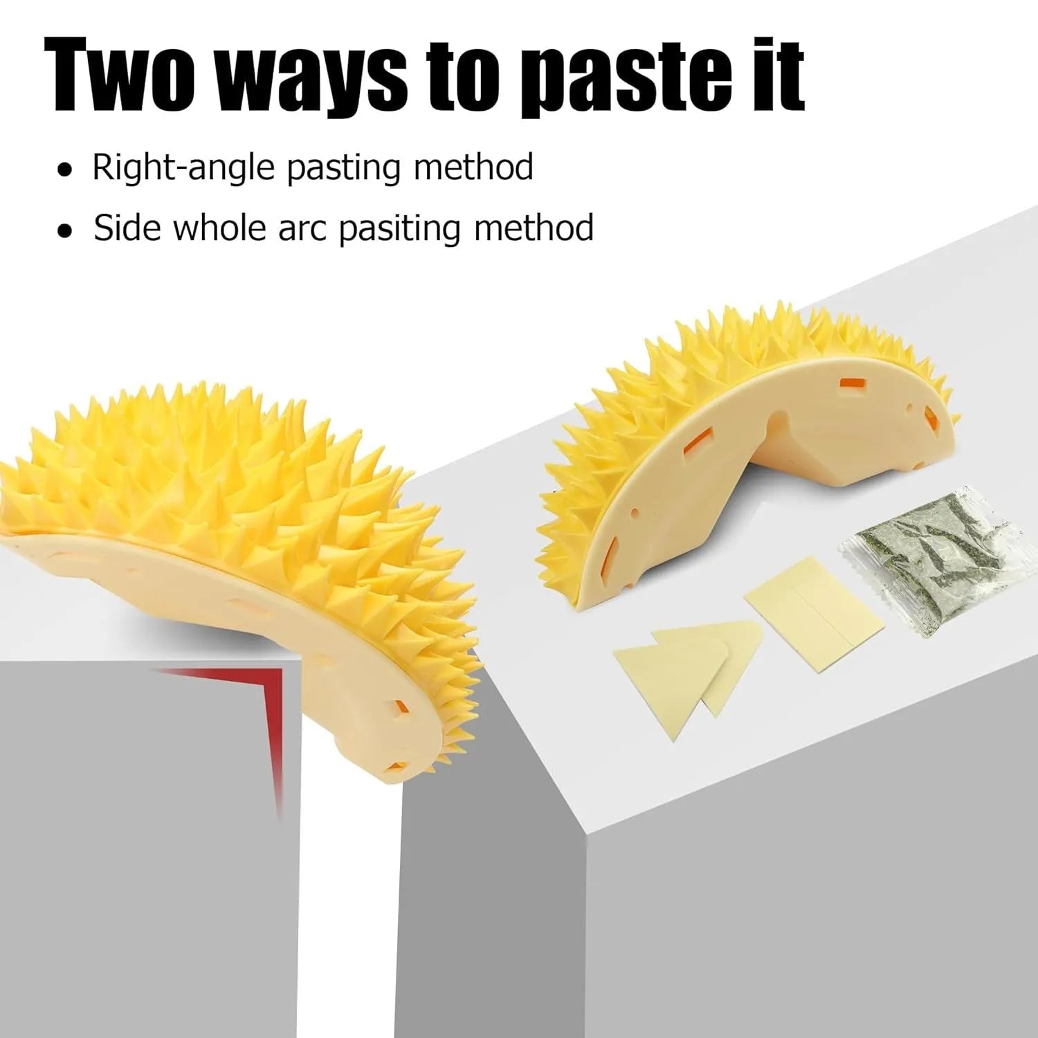 Yellow durian-shaped cat corner scratcher and massage comb mounted on a wall.
