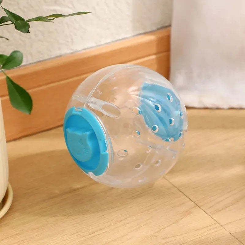 Blue ABS plastic cat slow feeder ball toy with visible treat holes on a white background.