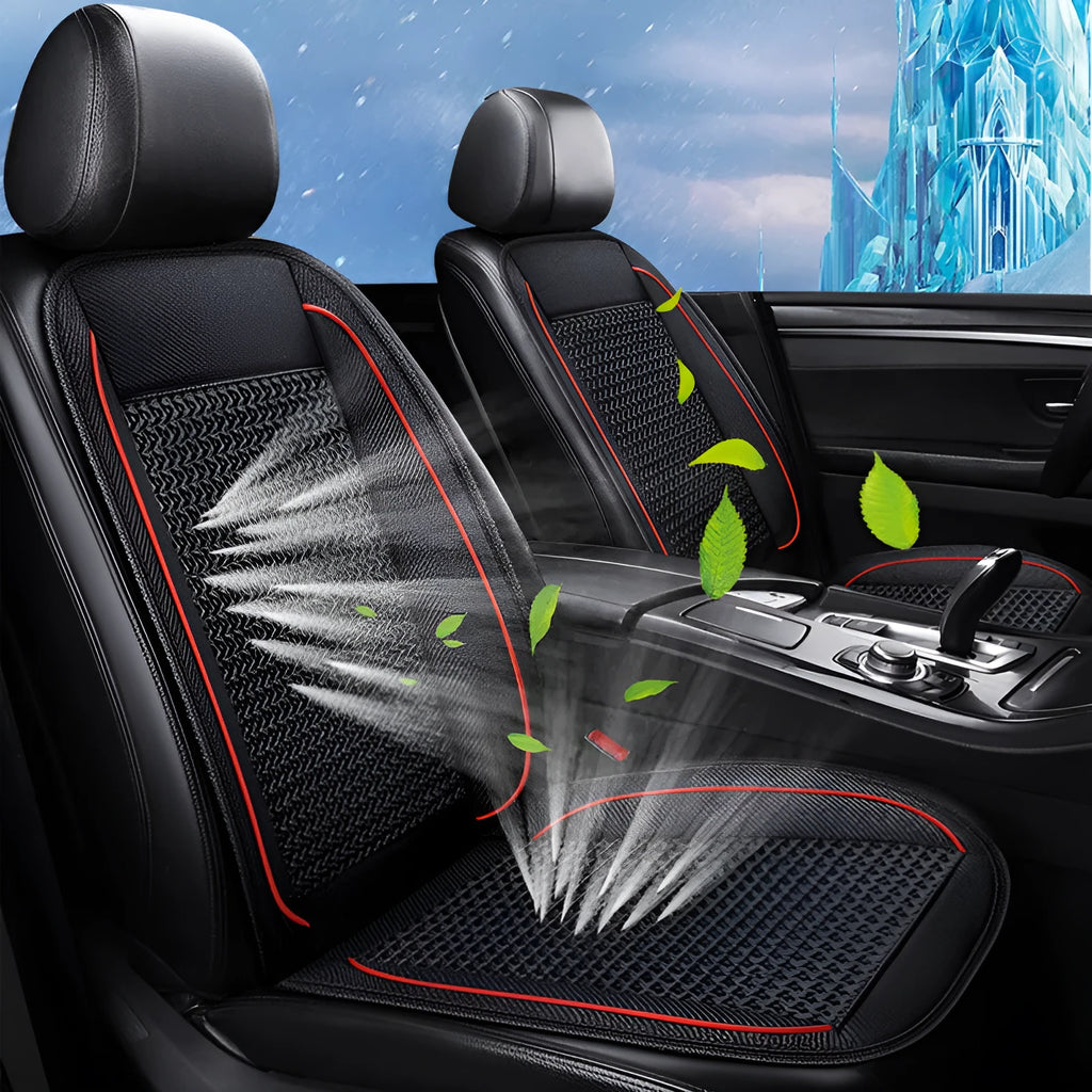 Black car ventilation seat cushion measuring 60cm square with power cord