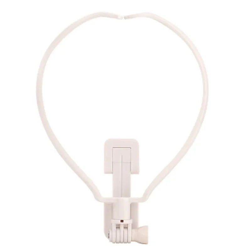 Black adjustable neck phone holder for smartphone, shown being worn for hands-free filming.