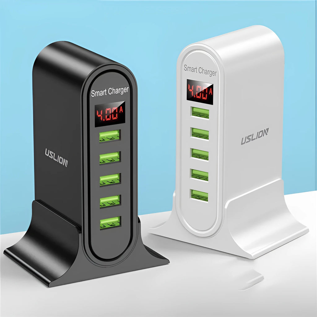 Black and white smart LED digital display USB wall charger with UK, US, and EU plug options.