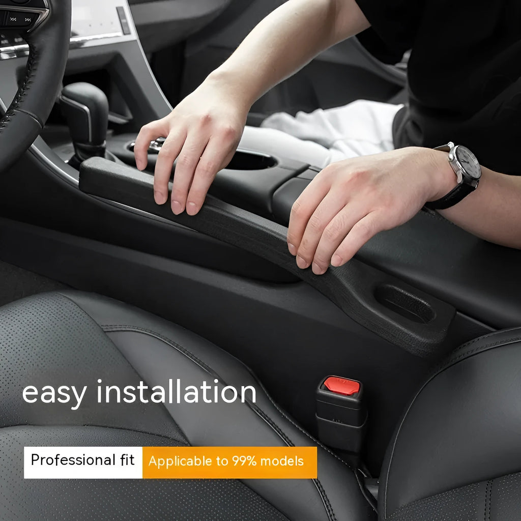 Two polyresin car seat gap sealing strips in chosen colour, shown next to a vehicle seat.