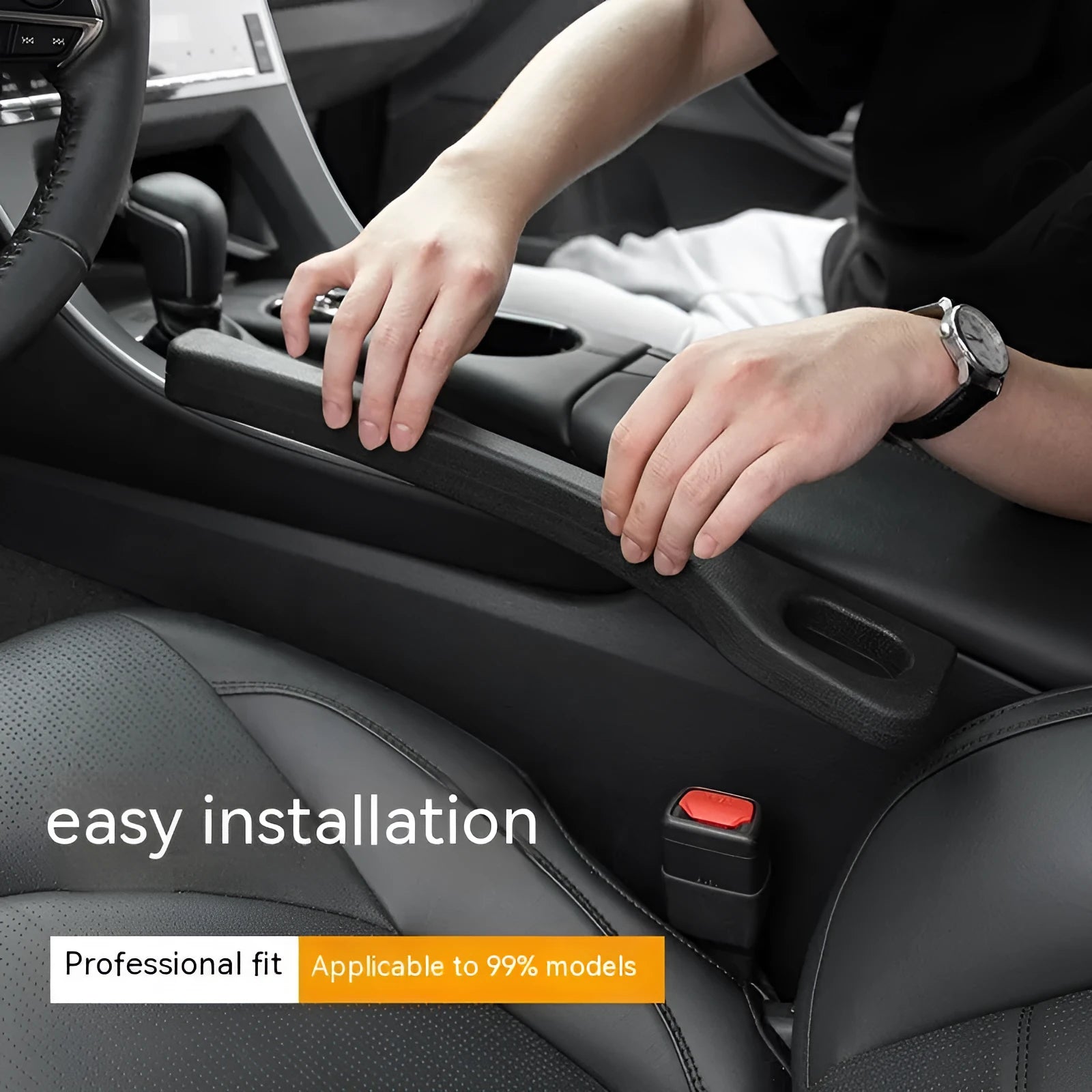 Two polyresin car seat gap sealing strips in chosen colour, shown next to a vehicle seat.