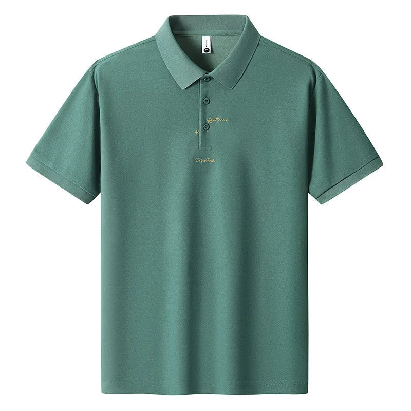 A man's loose-fit casual cotton t-shirt with a letter print, shown in one of six available colours.