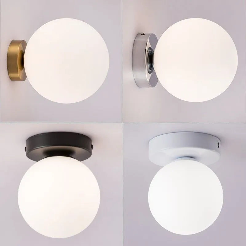 Nordic round spherical wall lamp with copper black silver or white base in 10cm to 20cm sizes