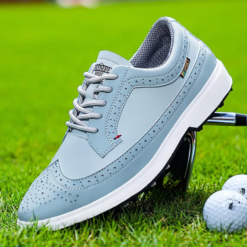 Men's lake blue and white genuine leather golf shoe with non-slip rubber outsole