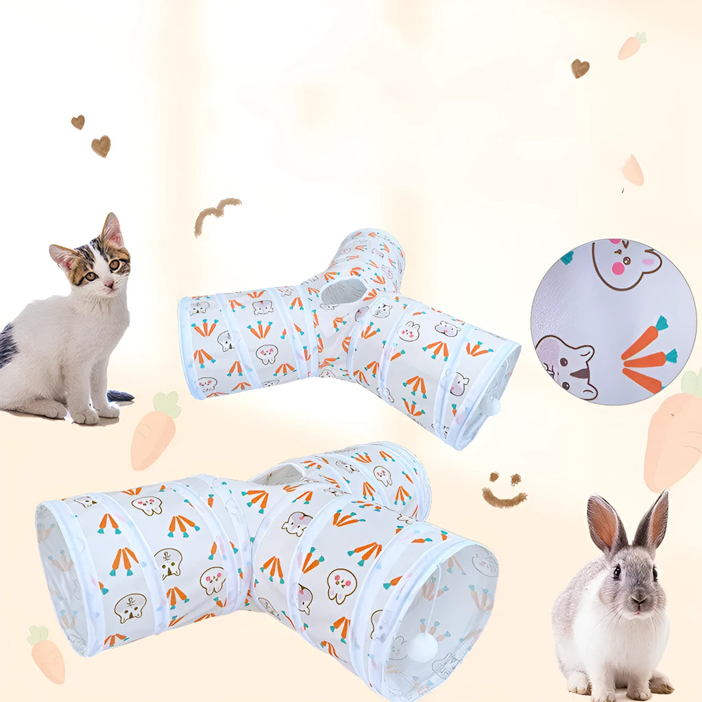 Foldable suede cat tunnel with three channels, available in T-shape, Y-shape, blue, red and rainbow styles