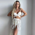 Creamy White three-piece backless push-up bikini set with matching skirt on a mannequin.