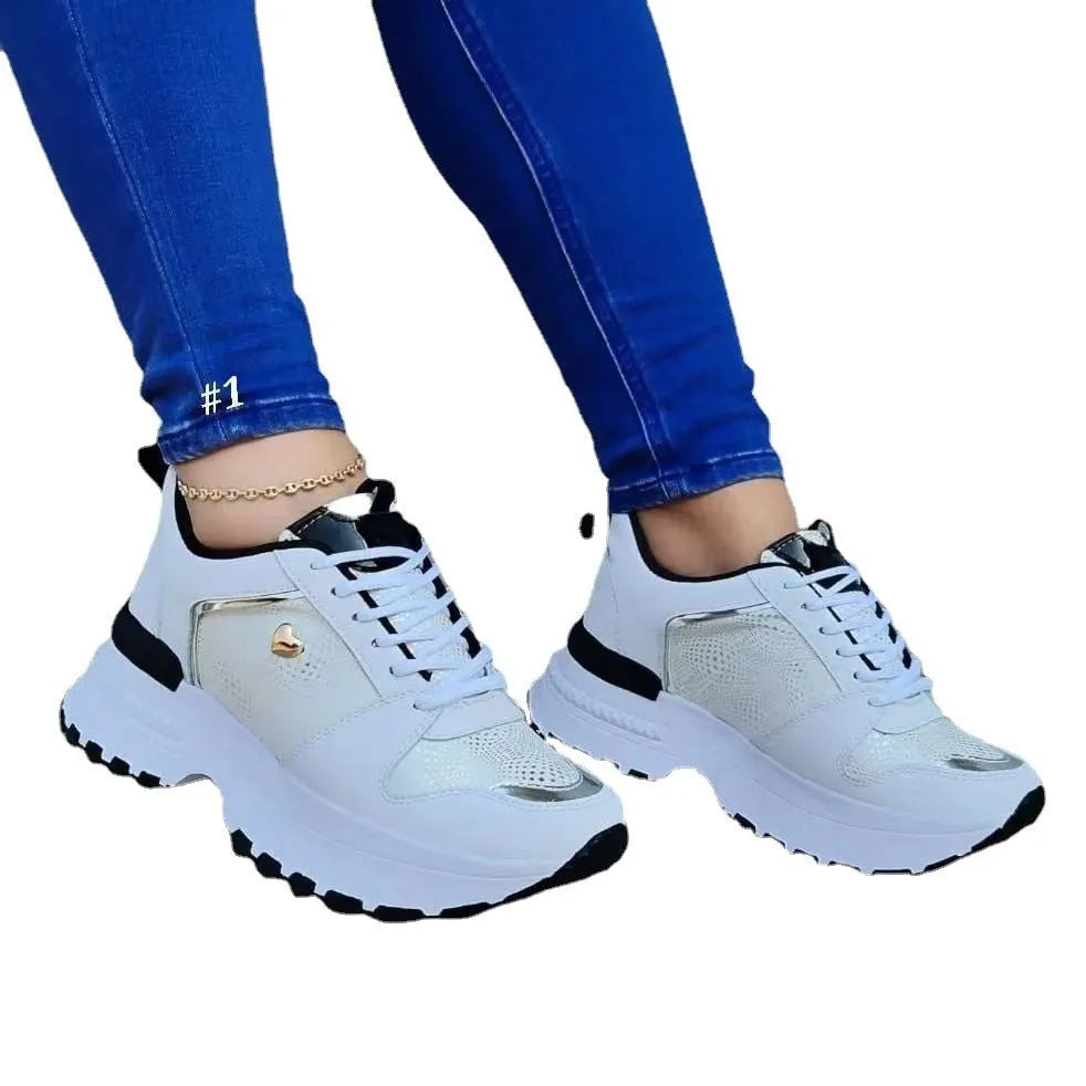 Women's fashion heel lifted sneakers in solid colour with artificial PU upper and rubber sole