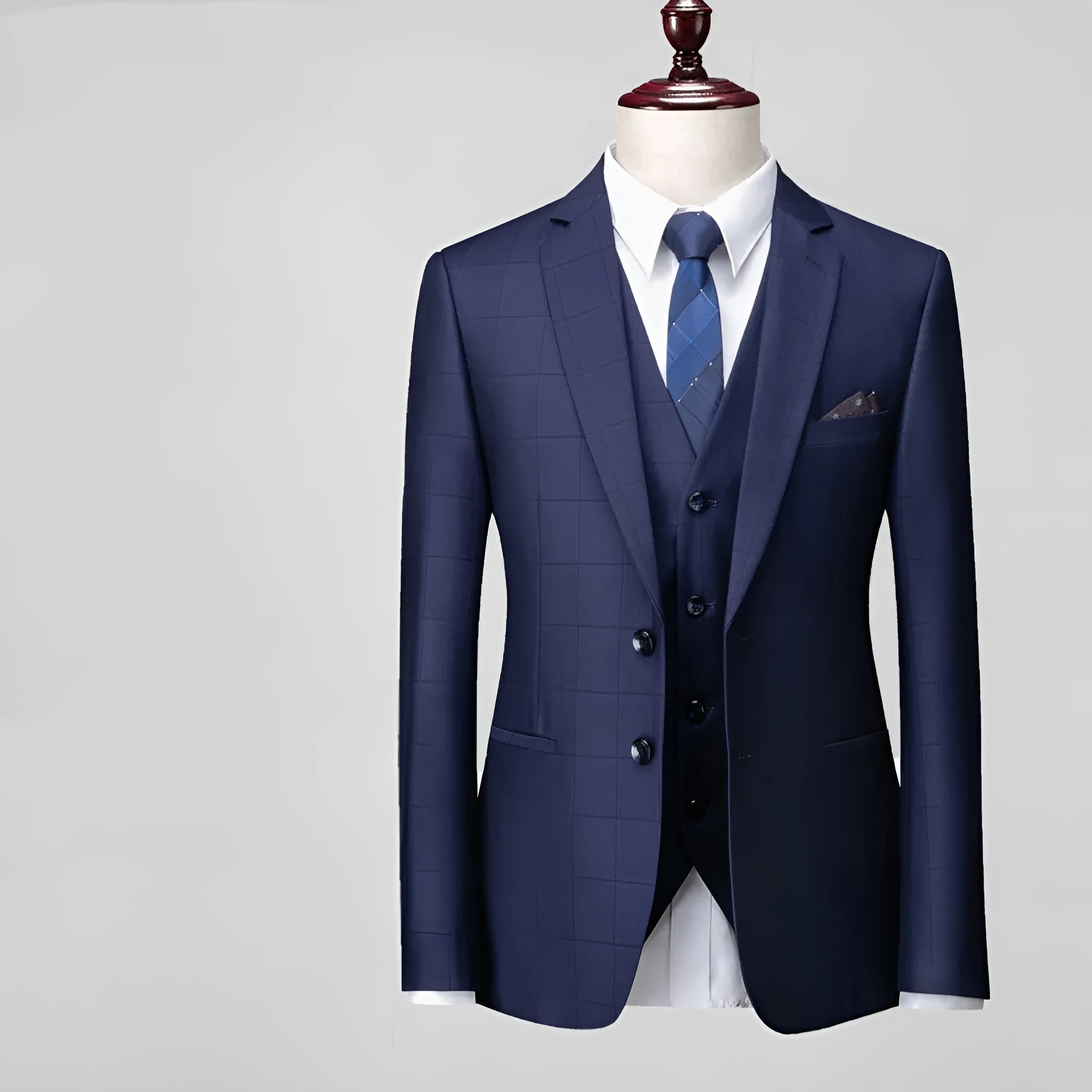 Men's navy blue plaid slim fit three-piece suit with jacket, trousers and waistcoat