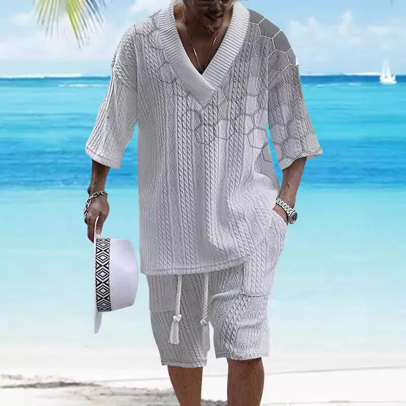 Men's printed knitted drop-shoulder short-sleeved top and shorts lounge set.