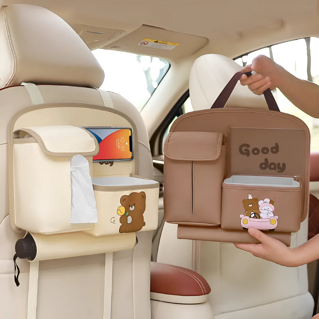 Multifunctional car storage bag in waterproof leather with cute cartoon design in happy every day brown colour