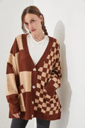 Loose fit printed checks cardigan knitwear in wine red colour with regular sleeves