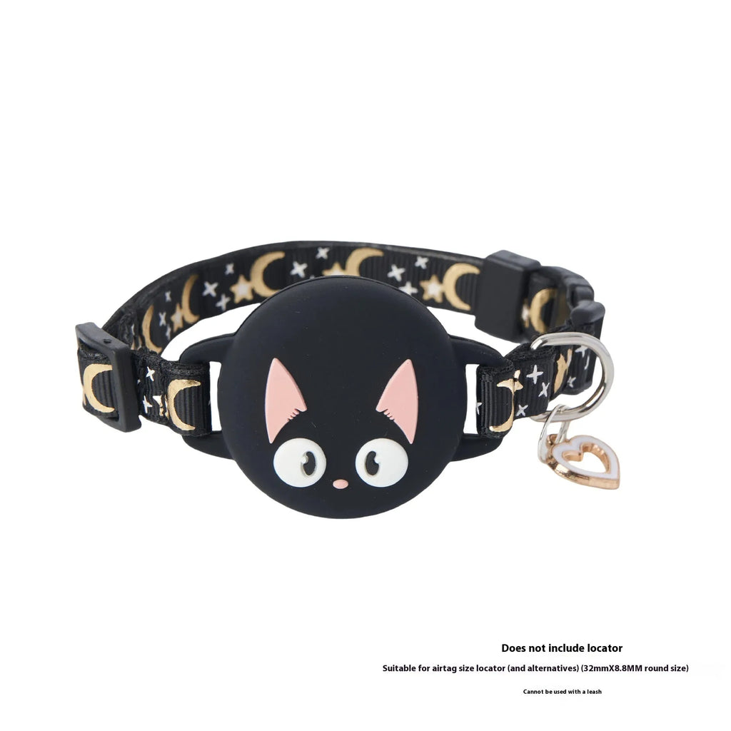A pink adjustable cat collar with a built-in compartment for an Apple AirTag on a white background.