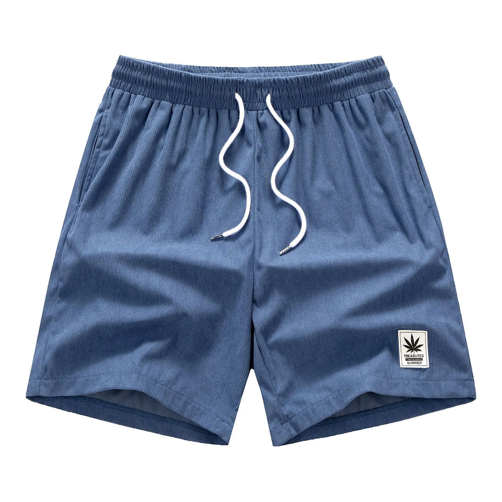 Men's grey drawstring summer shorts with elastic fabric on a mannequin