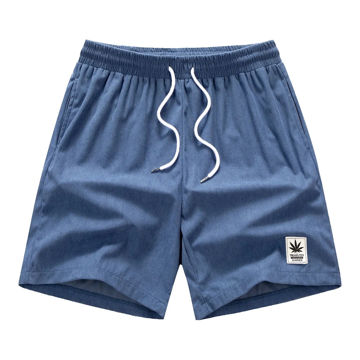 Men's grey drawstring summer shorts with elastic fabric on a mannequin