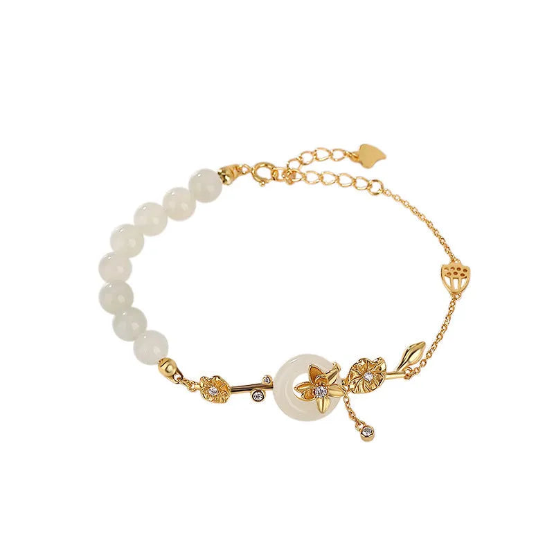 Hetian jade lotus peace buckle women's bracelet in 925 silver with antique design
