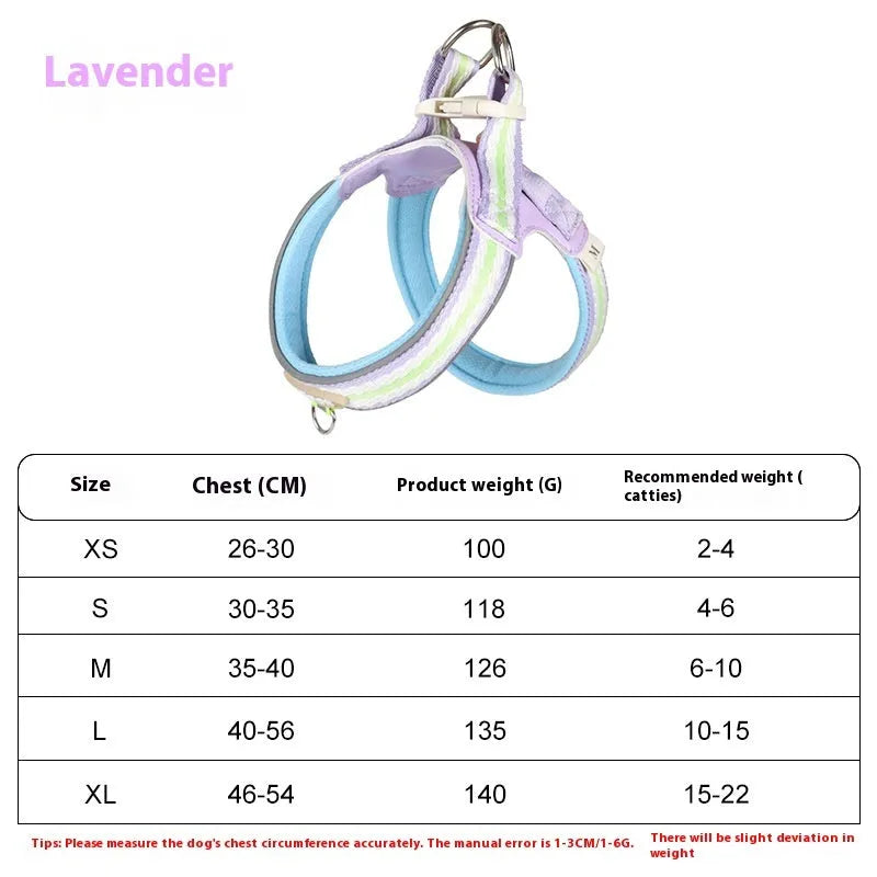 Lightweight dog harness and 1.4-metre walking rope set in various colours on a size chart