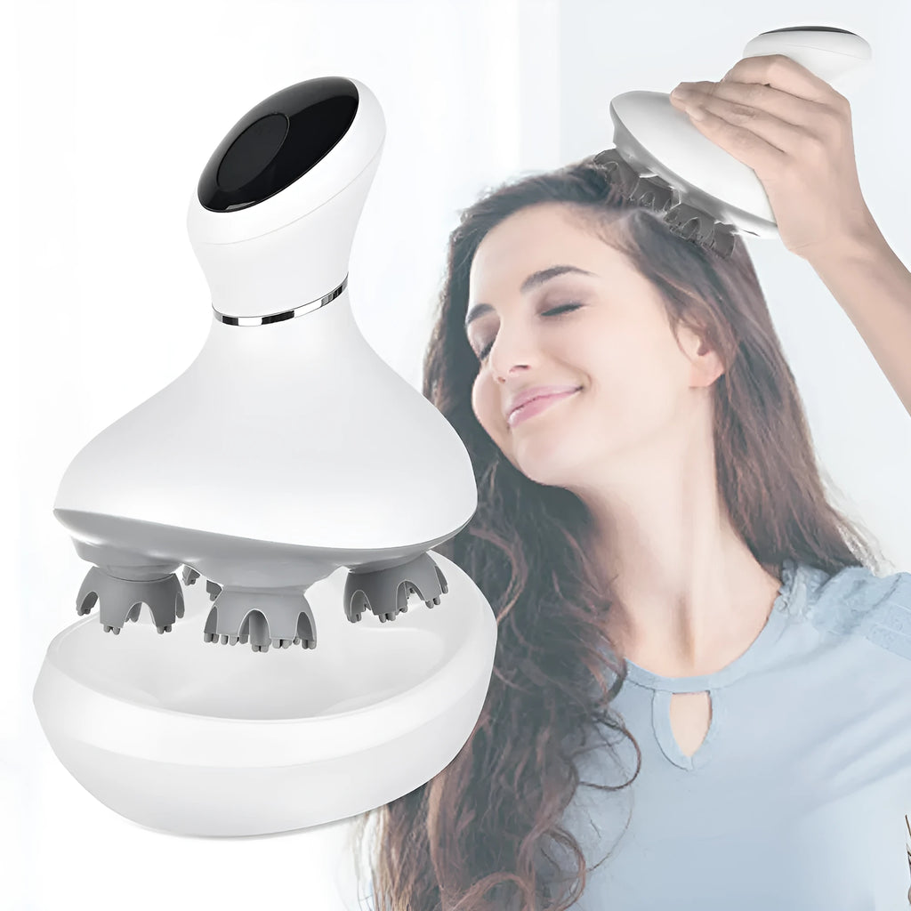White rechargeable waterproof electric scalp head massager with wireless remote control on a surface