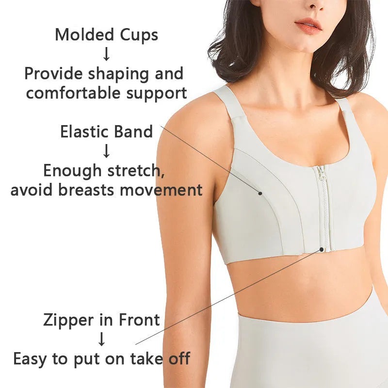 Zip front sports bra in Rhino Grey with racerback and mesh back panel for breathability