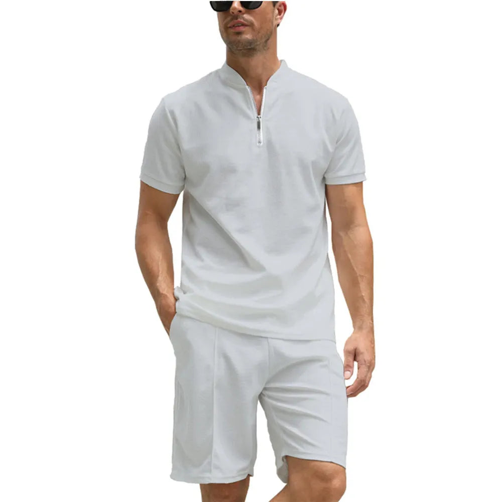 Men's solid colour polo shirt and trousers two-piece suit set in beaded bird's eye fabric.
