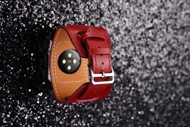 Leather watch strap belt in red, blue, black, or brown, 38mm and 42mm widths for men and women