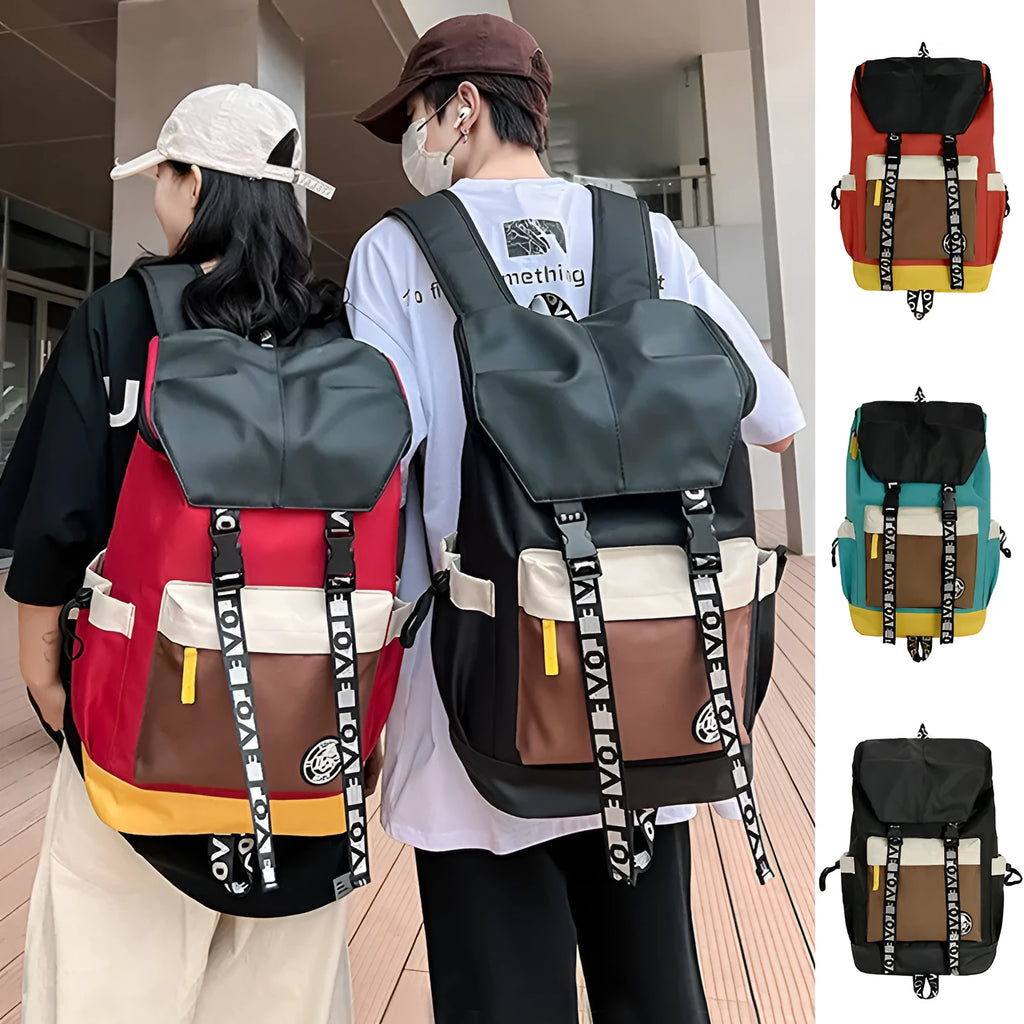 Oxford cloth backpack in black, green, or red, showing handheld and shoulder strap carry options