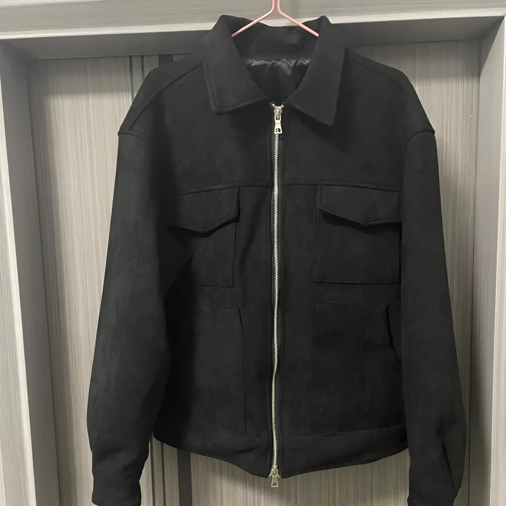Men's slim fit black jacket with zipper and big pockets, also available in camel and dark grey.