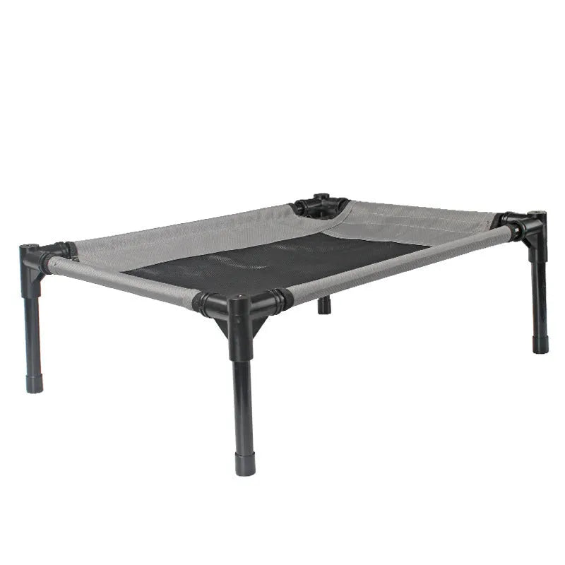 Black portable outdoor dog bed with steel frame and Oxford cloth cover for camping and travel