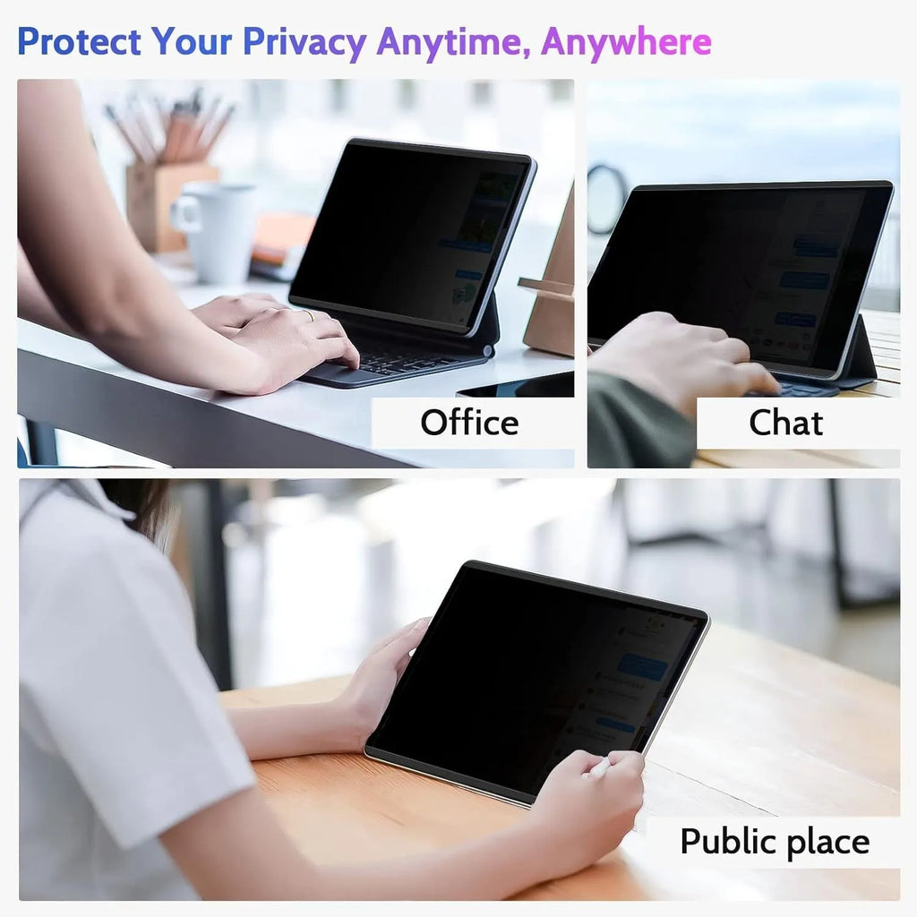 Magnetic suction iPad privacy screen protector film with storage clip on an iPad Pro.
