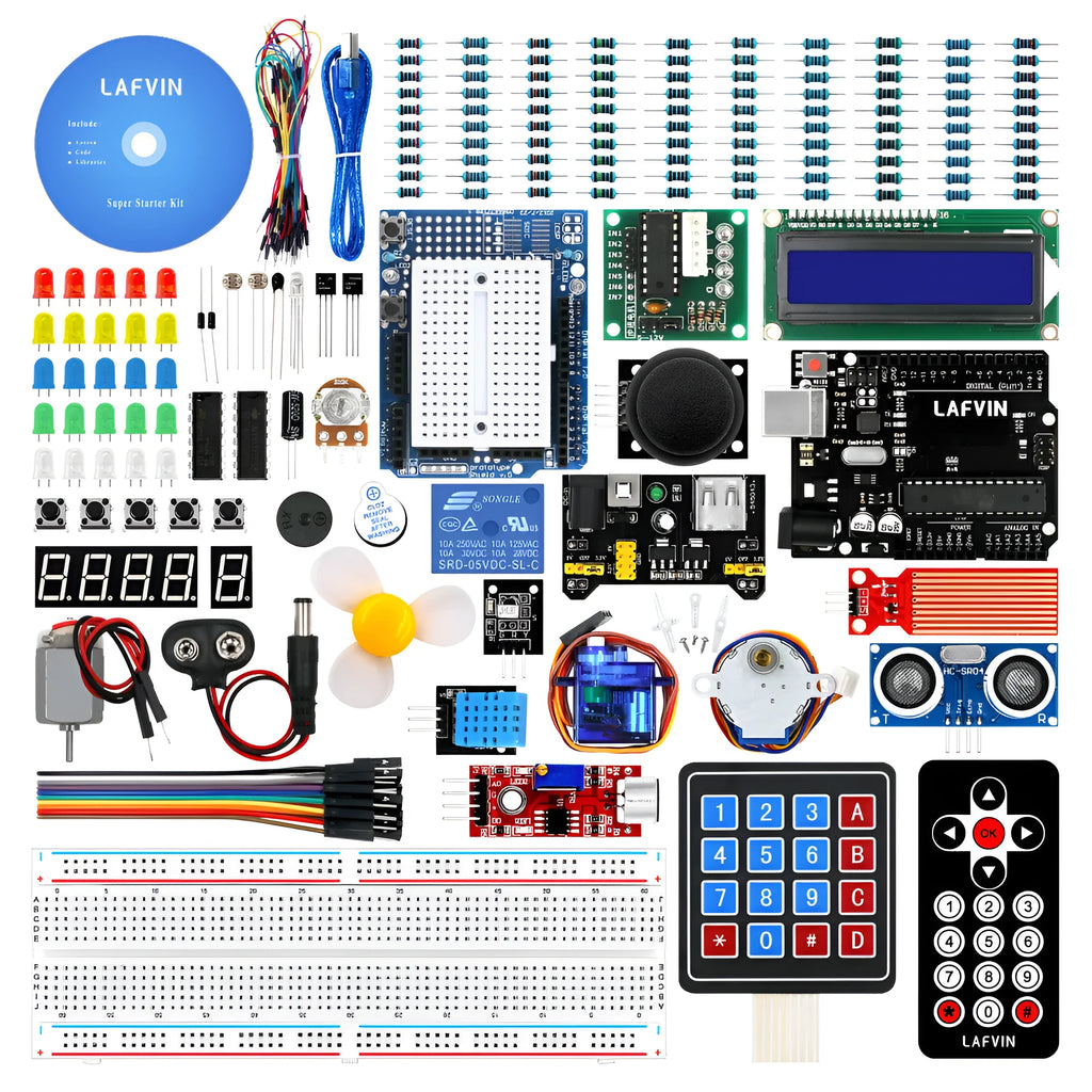 LAFVIN Arduino UNO R3 Super Starter Kit with blue board, breadboard, jumper wires, sensors, and motors laid out.