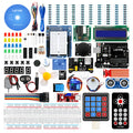 LAFVIN Arduino UNO R3 Super Starter Kit with blue board, breadboard, jumper wires, sensors, and motors laid out.