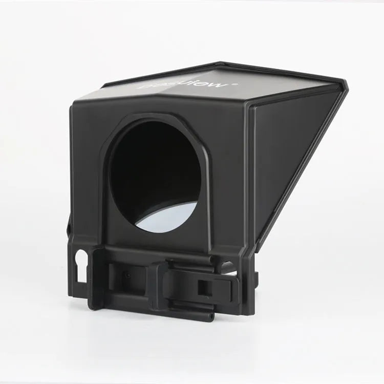 Black portable teleprompter with 115x110mm glass mirror, 200g body, and 49-77mm adapter rings for phone and tablet recording.
