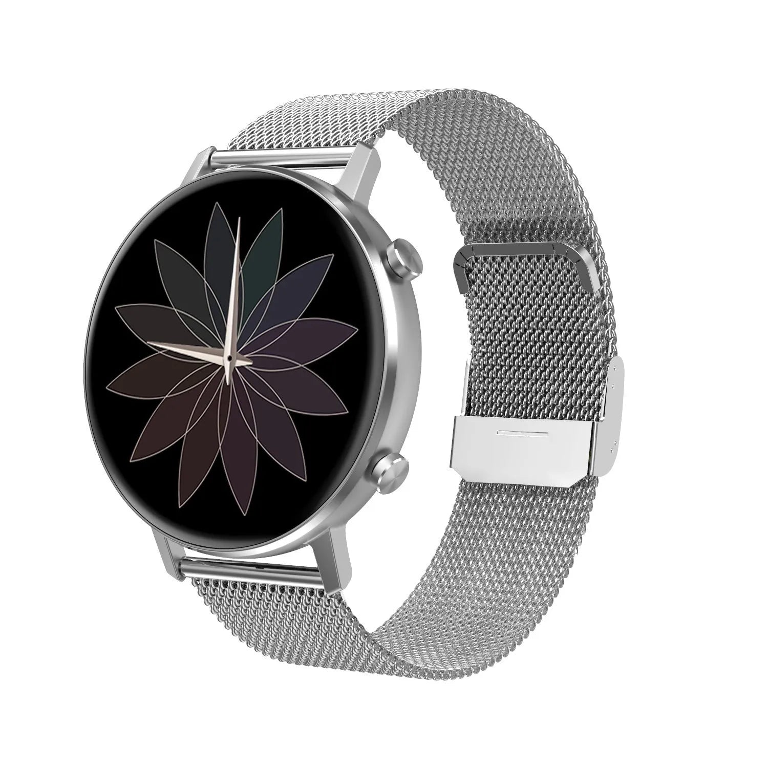 DT96 smart bracelet with 1.3-inch colour screen on a stainless steel strap, showing black, rose gold, and silver colour options.