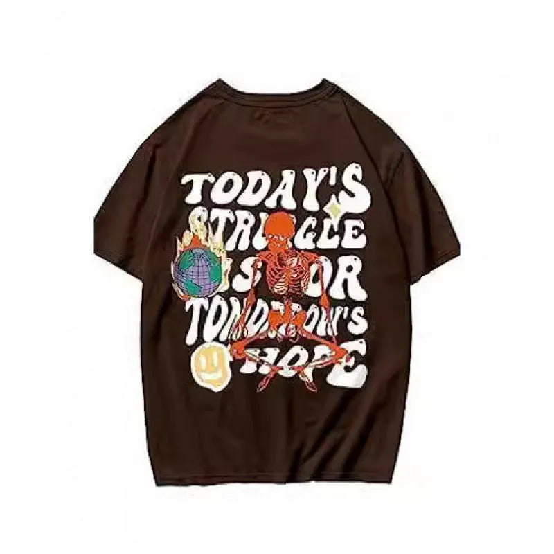 Men's grey printed street style short-sleeved sports t-shirt on a hanger.