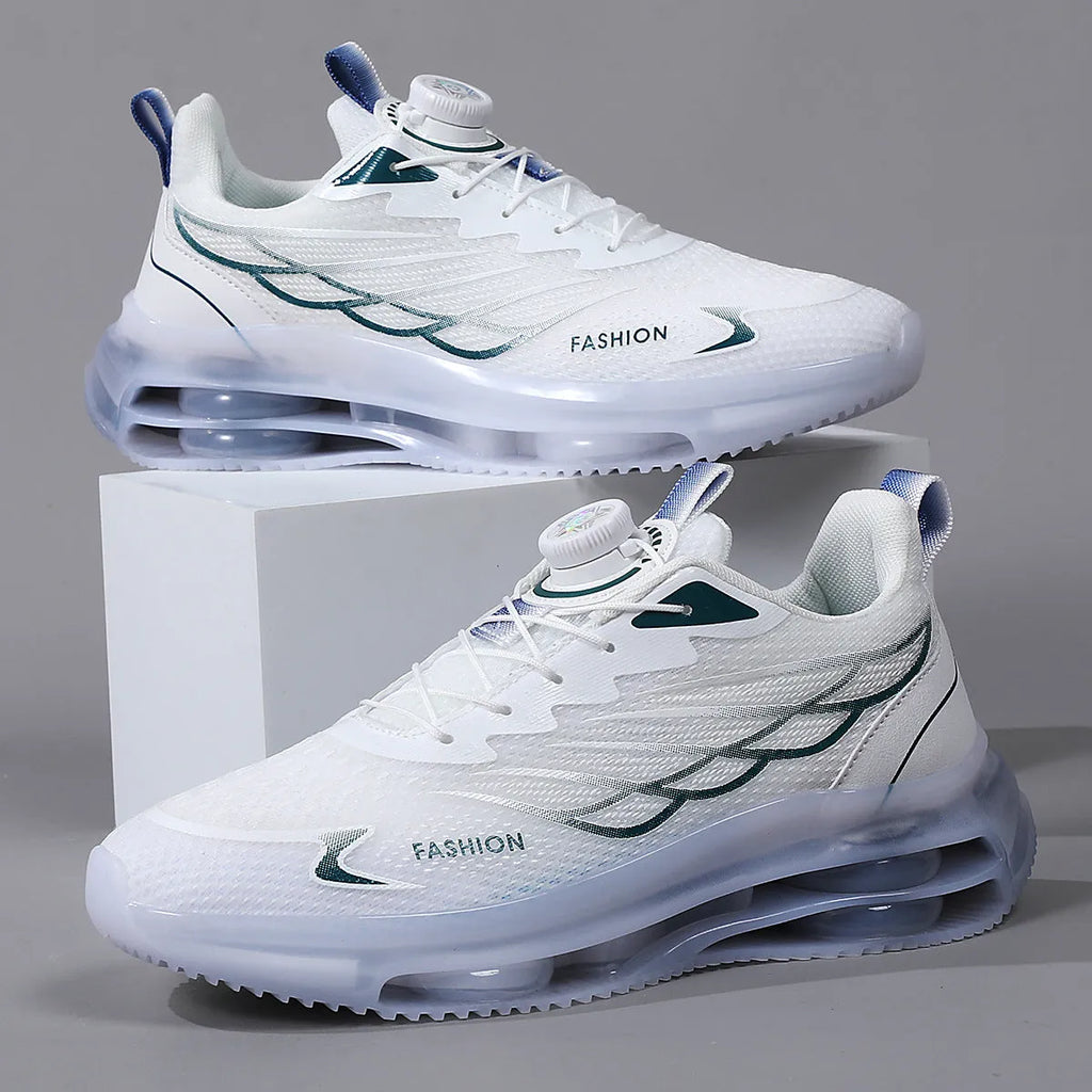 Men's white low-top lace-up casual running shoes with mesh upper and round toe.