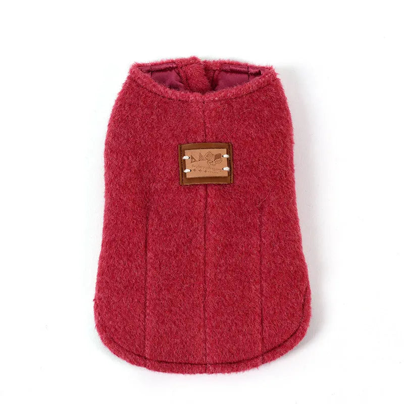 Small dog wearing cotton Korean cashmere vest in blue colour, showing front and side views of the autumn winter coat.