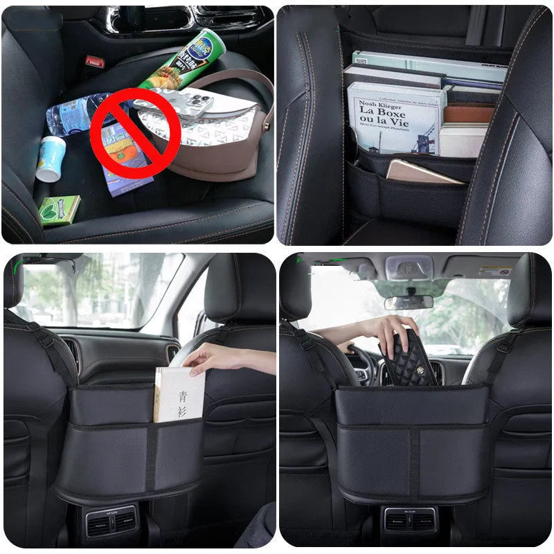 Black leather car seat storage bag with sports carbon fibre pattern, shown on a car seat.