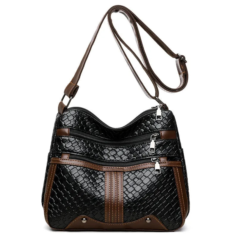 Brown PU leather messenger bag with multiple compartments and horizontal square shape